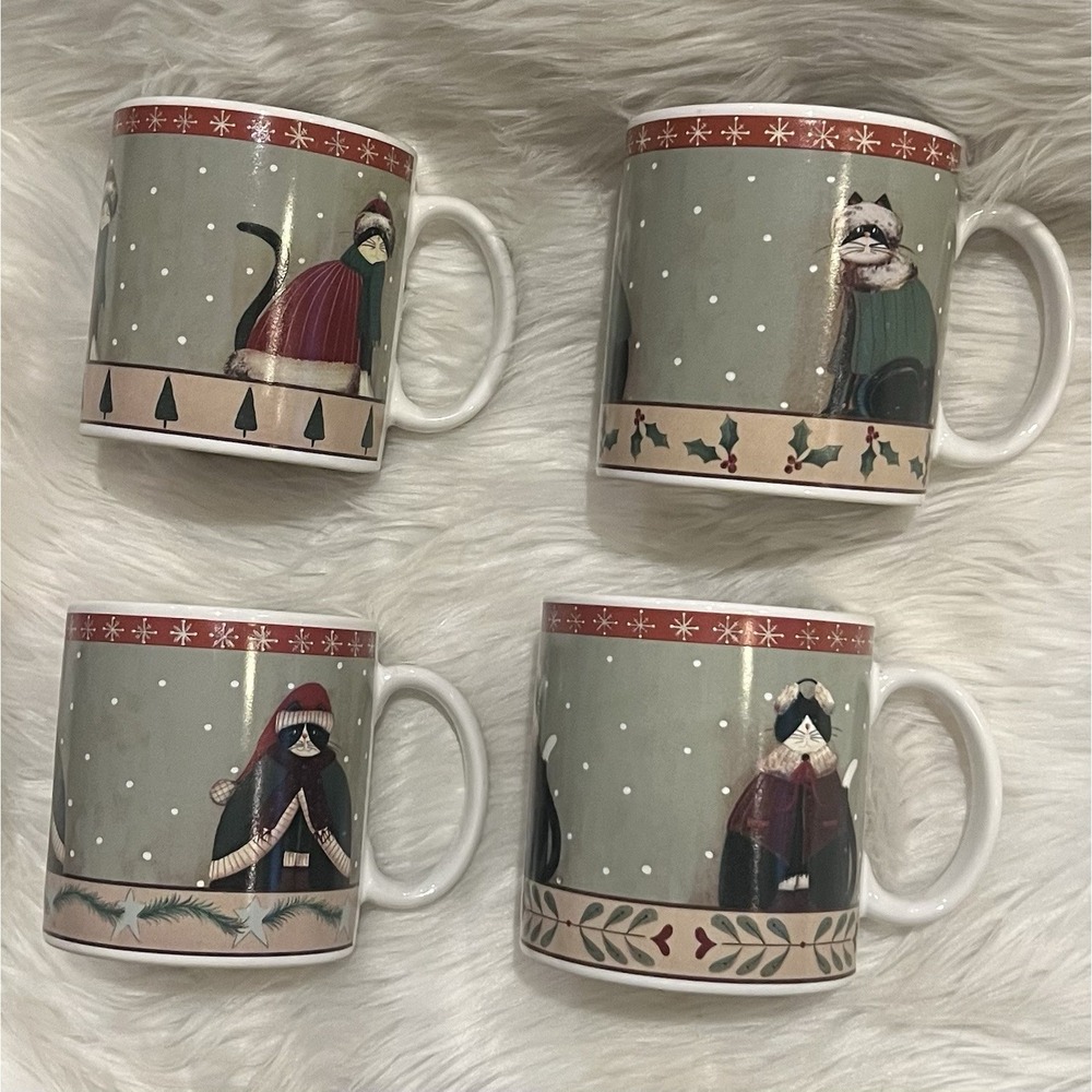 Oneida Holiday Cats Fiddlestix Set of 4 Stoneware Mugs Winter Snow Christmas